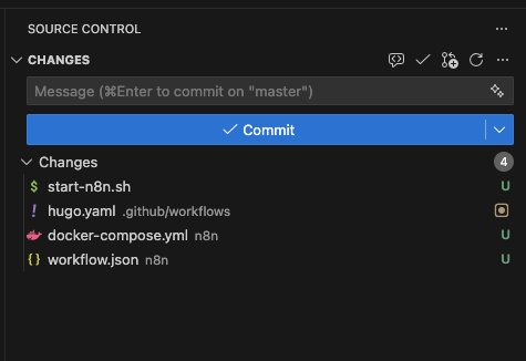 Painel de Controlo de Código do VS Code a mostrar ficheiros preparados, modificados e não rastreados todos misturados numa única lista.