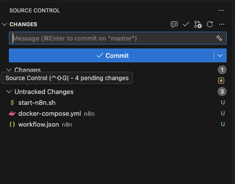 Painel de Controlo de Código do VS Code a mostrar uma secção separada para Alterações Não Rastreadas, distinta das Alterações.